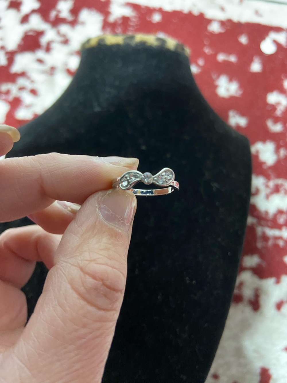 Silver Tone Bow Accent Ring with Clear Crystals - Women's Jewelry